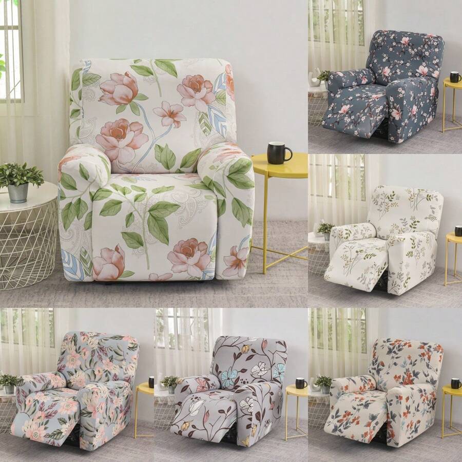 4pcs Full Coverage Elastic Printed Milk Silk Slipcover For Electric Recliner Rocker Armchair, 4-Season Universal Fit For Living Room & Study