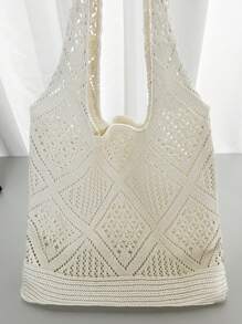 Crochet Woven Hollow-Out Design Tote Bag, Minimalist Large Capacity Women Shoulder Bag, Portable, Suitable For Teenagers, Female College Students, Great For Work, Back To School, Middle/High School, University, Vacation, Travel