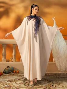 AmazingHoney 优雅的米色亮片刺绣长款 Jalabiya 女士连衣裙，带有羽毛设计的宽松长袍，斋月开斋节长袍，正式的中东长袍，长袍，长款礼服，艺术时尚，端庄 - 卡其色 - 查看 6