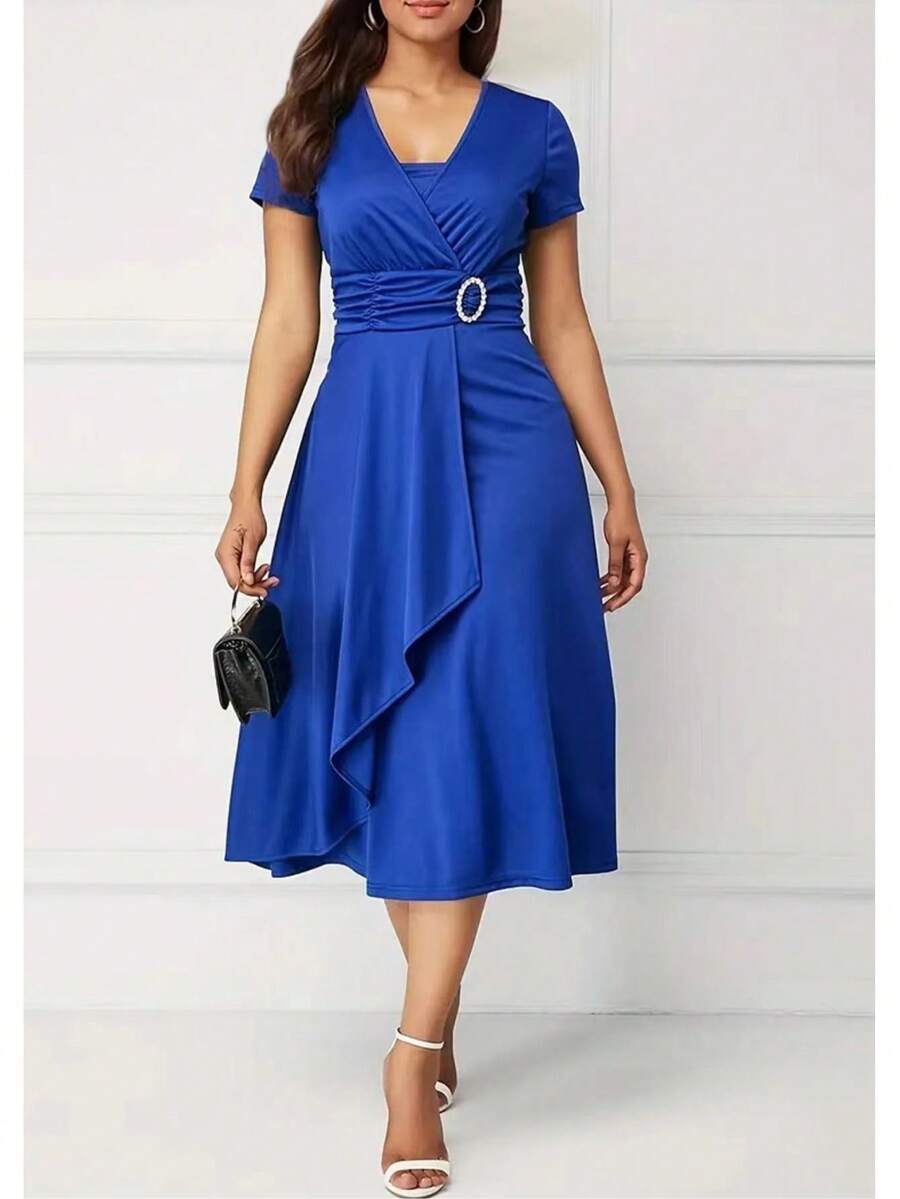 Plus Size Feminino Elegante Moda Elegante Confortável Cintura Alta Elástica A-Line Cor Sólida Casual, Festa, Vestido de Convidado de Casamento, Tecido de Malha Pura Com Bainha de Babados Cruzados e Anel Redondo