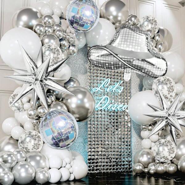 84pcs/Set Disco Party Balloon Arch & Garland Set, Silver, White Balloons, Silver Foil Stars, Disco 4D Balls And Foil Hats, Suitable For Birthday, Graduation, 2025 Decorations, Disco Dance Party, Wedding, Engagement, Anniversary