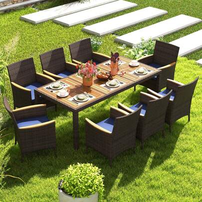 Lifezeal 9PCS Outdoor Dining Set With Acacia Wood Table Top Patio Dining Set For 8 People Navy/Beige