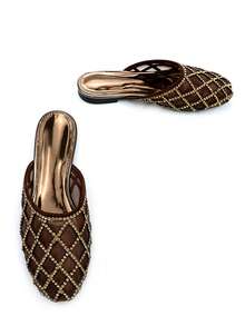 Women's Luxury Fully Rhinestone Hollow Mesh Decor Chocolate Brown Suede Comfortable Square Toe Slip-On Flat Mule Sandals, Suitable For Daily And Party Wear,Spring Summer Outfits - Chocolate Brown - View 4