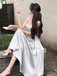 Elegant Solid A-Line Sleeveless Bridesmaid Dress France Party Graduation Midi Spring Summer - Violet Purple - View 7