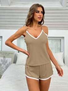 Fashionable Women's Lace Trim Contrast Color Cute & Elegant Minimalist Camisole & Shorts Pajama Set, Spring/Summer - Khaki - View 4
