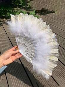 1pc Women's Feather Decor Chinese Style Folding Fan Without Tassel, Stage & Elegant Halloween