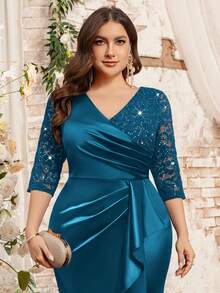Đầm dạ hội dáng đuôi cá bằng satin phối ren hoa đính sequin cổ chữ V, cỡ lớn, thích hợp cho các dịp trang trọng, mùa đông, ngày Valentine, dự đám cưới, lễ tốt nghiệp, tiệc gala, v.v. Sang trọng mùa xuân - Màu xanh bụi bặm - Xem 9