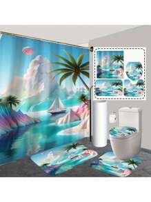 1 Peça/4 Peças Conjunto de Cortina de Chuveiro com Tema de Praia com Letras em Bolhas, com Tapete Antiderrapante, Tampa de Assento Sanitário, Tapete de Banheiro e 12 Ganchos de Plástico - Lavável em Máquina, Decoração de Banheiro em Poliéster Resistente a Manchas, Adequado para Todas as Estações - Acessórios de Banho com Tema Natural de Volta às Aulas