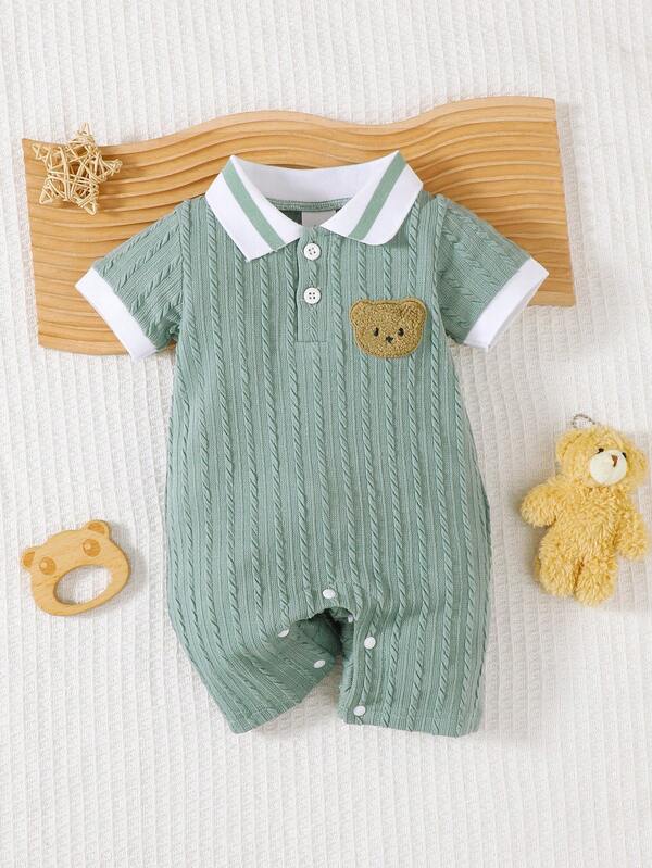 AfterClass Baby Boy Bear Embroidered Short Sleeve Polo Collar Patchwork Knit Romper, Comfortable & Cute, Suitable For Spring/Summer Casual Outings, Minimalist & Stylish Shortalls