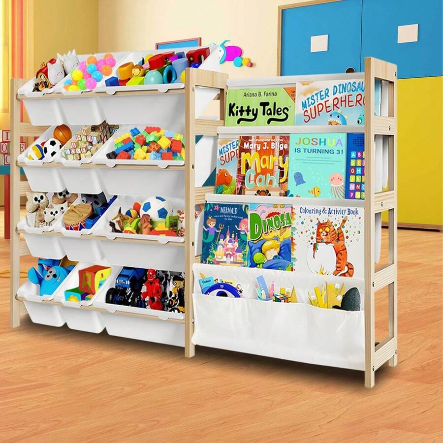 2 In 1 Kids Bookshelf And Child Toy Storage Organizer With 12 Toy Bins And 4 Tier Book Shelf For Playroom, Classroom, Nursery Room, Bedroom, Kindergarten, School, Perfect Gift For Christmas, Halloween, Thanksgiving, Easy To Installation,Space Saving - WJSN-1 - 查看 1