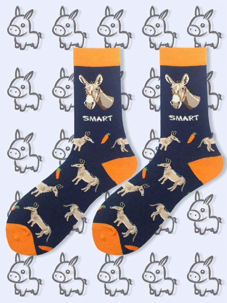 1 Pair Women And Men Cartoon Funny Donkey Pattern Crew Sock Comfortable For Daily , Sports And Party - Multicolor - View 1