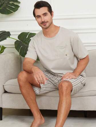2pcs/Set Men's Breathable & Moisture Wicking Short Sleeve Shorts Sleepwear Sets, Summer, Vacation