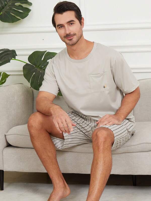 2pcs/Set Men's Breathable & Moisture Wicking Short Sleeve Shorts Sleepwear Sets, Summer, Vacation