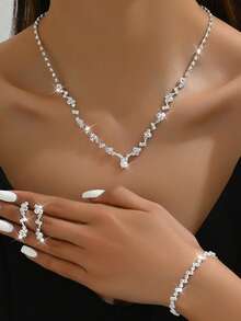 1 Set Minimalist Flower Crystal Decor Adjustable Choker Necklace + 1 Pair High-End Pendant Earrings + 1 Geometric Crystal Bridal Necklace - Fashion Elegant Bridal Jewelry Set For Daily, Ball, Banquet, Party, Wedding, Photography - Gold - View 14