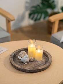 1pc Wooden Summer Themed Decorative Tray, Suitable For Party, Birthday, Kitchen, Bathroom, Bedroom, Living Room, Study - Vintage Rustic Style Round Wooden Platter - Brown - View 3