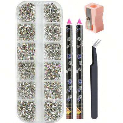 多尺寸 AB 水晶指甲钻套装平底水晶透明钻石宝石 DIY 美甲装饰水钻带指甲蜡笔、镊子指甲饰品美甲用品