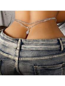 1pc Water Drop Shaped Double Layer Rhinestone Waist Chain, Sexy Personalized Belly Chain - Silver - View 1