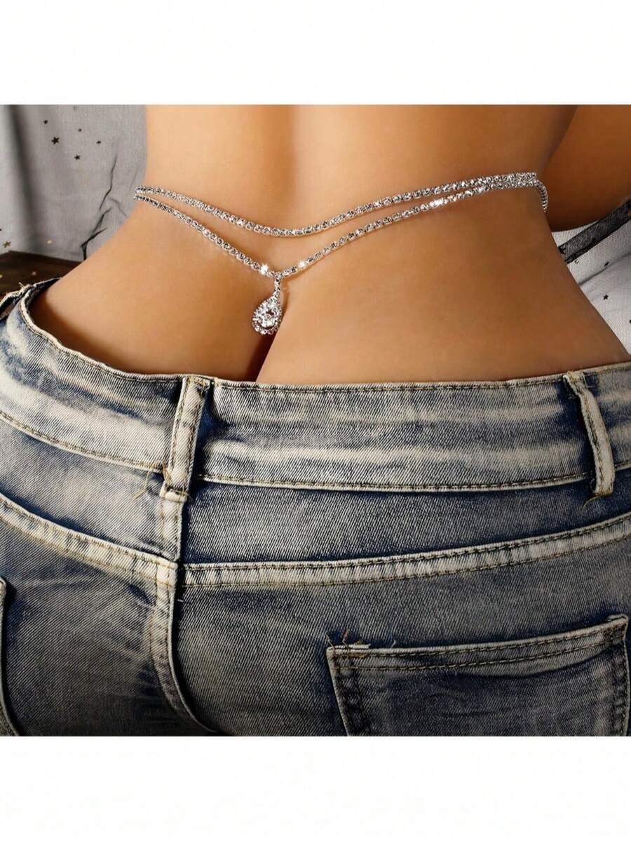 1pc Water Drop Shaped Double Layer Rhinestone Waist Chain, Sexy Personalized Belly Chain - Silver - View 1
