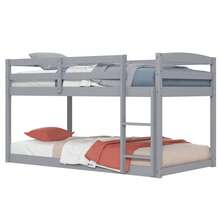 Lifezeal Twin Over Twin Low Bunk Bed With Guardrails Integrated Ladder Kids Wooden Grey/White/Beige/Pink - Grey - View 8