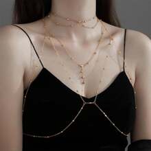 Two Pieces Sexy Rhinestone Chain Decorated Body Jewelry For Women, Fresh And Sweet Chest Chain With Personalized Tassel And Rhinestone Pendant, Sexy Women Steel Body Chain Collarbone Chain, For Rave