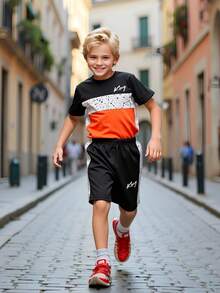 2pcs/Set Toddler Boys' Casual Street Style Colorblock Letter Printed Short Sleeve T-Shirt And Shorts Outfit, Spring/Summer - Orange - View 3