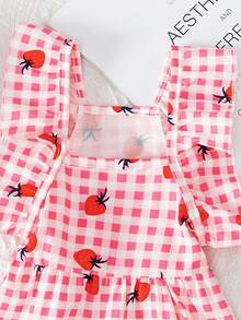 可爱草莓印花荷叶边袖宠物猫/狗连衣裙，带时尚帽子，夏季 - 粉色 - 查看 4