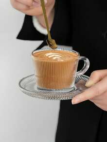 1pc Premium Glass Coffee Cup & Saucer Set, Creative Embossed Striped Textured Cup & Saucer, Elegant Afternoon Tea Cup & Saucer, Household Breakfast Milk Cup - Transparent - View 9