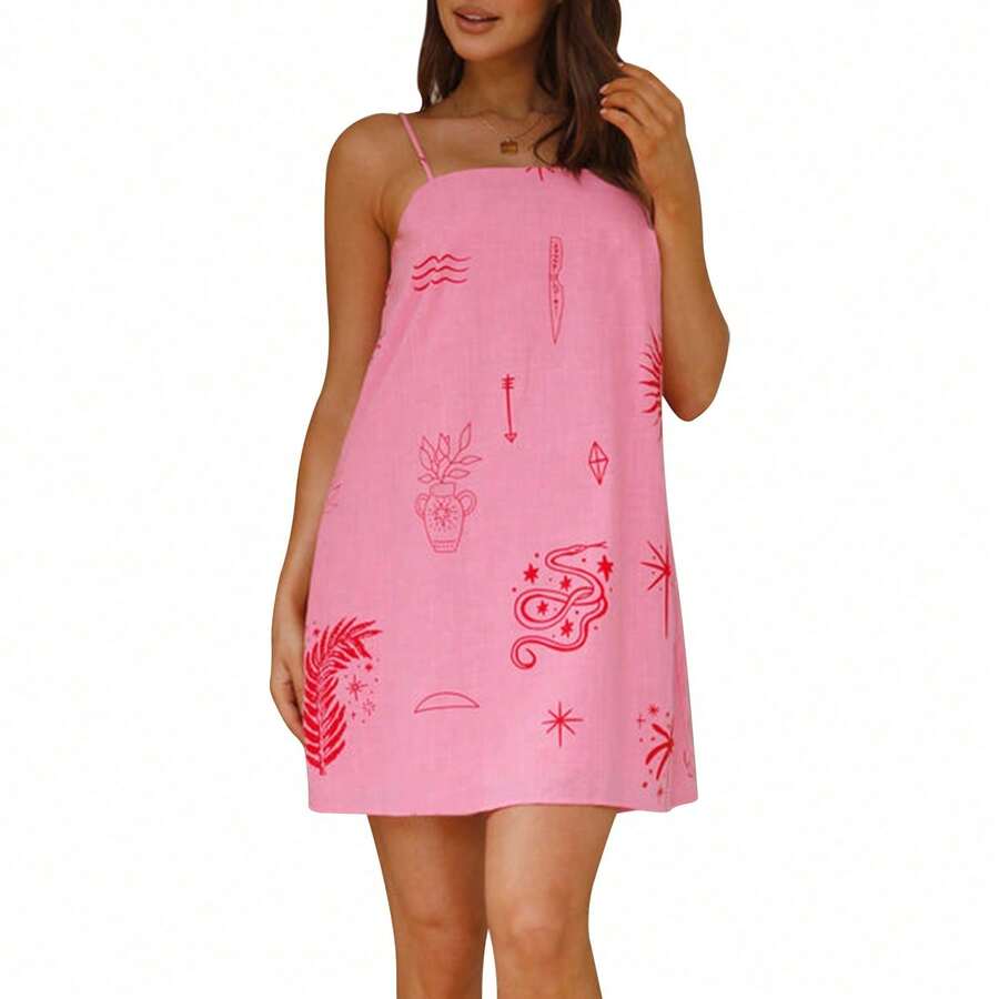 Women Graphic Print Slip Dress Spaghetti Straps Backless A-Line Dress Summer Mini Dress - Baby Pink - View 1