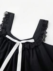 Cute Ribbon Bow Square Collar Sleeveless Short Dress Lace Trimmed Babydoll Mini Dress Fairycore Y2k Cute Women A-Line Dress - màu đen - Xem 4