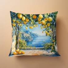 1 buc. Husă de pernă cu model de lămâie și ocean de vară, material fleece coral imprimat pe o singură față, husă de pernă decorativă 45*45cm/18*18inch, potrivită pentru canapea modernă minimalistă, sufragerie, cadou