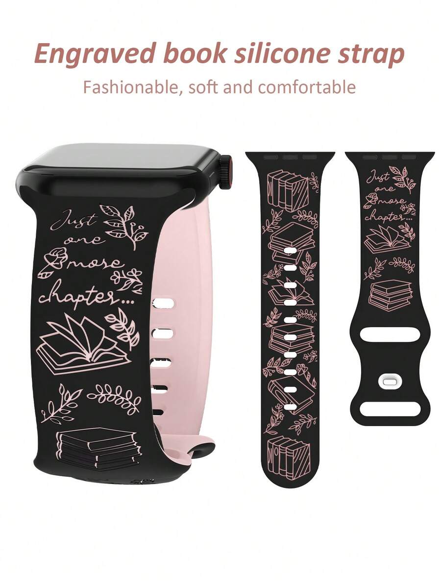 1 件柔软舒适的雕花书主题硅胶运动表带,兼容 Series Se/10/9/8/7/5/4/3/ Ultra Watch,41mm/40mm/44mm/45mm/42mm/38mm/49mm/46mm,男女通用校园风格 - 黑色錶帶配粉紅色書 - 查看 1