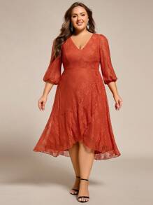 EVERPRETTY Elegant Lace V Neck Sheer Long Sleeves Midi Wedding Guest Dresses Formal Dresses For Bridesmaid