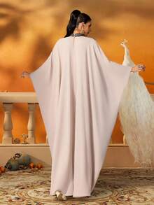 AmazingHoney Luxury Cream Sequin Embellished Jalabiya With Statement Neckline, Loose-Fit Long Kaftan Dress, Elegant Modest Gown For Eid, Ramadan, Wedding Guest, Arabian Occasionwear - Dusty Pink - View 2