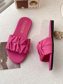 1 Pair Of Summer Promotion Peach Pink Wear-Resistant Slippers For Girls Fashion Dynamic Simple Black Wedge Sandals For Girls 3-12 Years Old Are Suitable For Indoor And Outdoor Daily Solid Color Pleated Decorative Flip-Flops