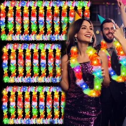 Conjunto de 6 piezas/12 piezas de collares hawaianos de flores con luces LED, suministros para fiestas temáticas hawaianas, tropicales y de playa, collares de flores hawaianos para bodas, carnavales, mascaradas y decoraciones