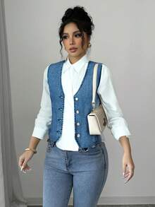 chaleco casual metalico aterciopelado con bolsas en los costados Casual - Azul - Ver 3