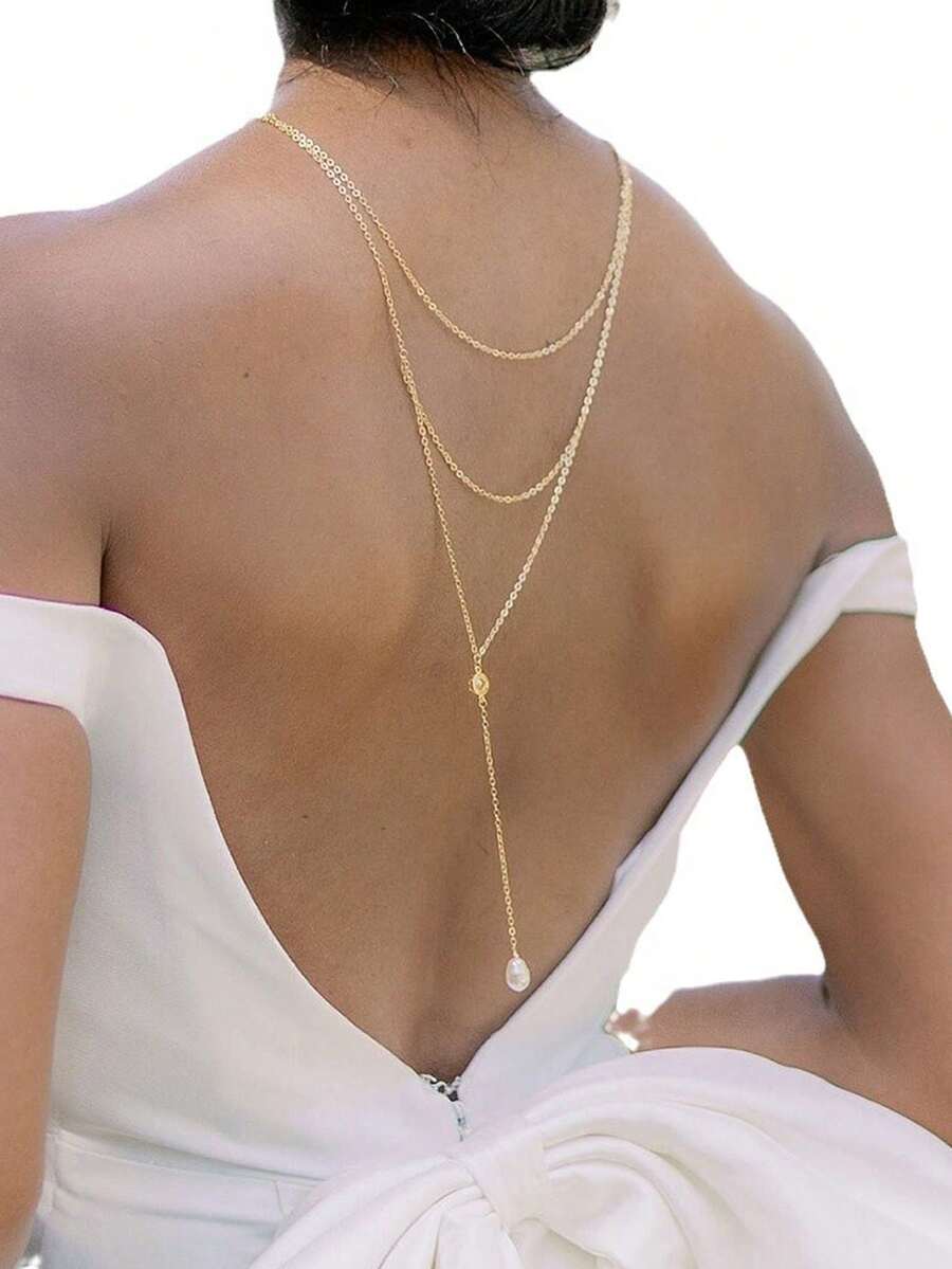 1pc 18K Gold Plated Stainless Steel 3 Layer Chain With Teardrop Faux Pearl And Tassel Pendant, Elegant & Sexy Design, Suitable For Wedding & Engagement - Gold - View 1