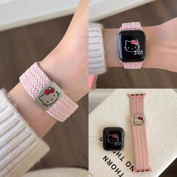 Sanrio 1 حزام ساعة أبل متوافق مع ساعة أبل 38/40/41/S10 42/42/44/45/49/S10 46 ملم، متوافق مع أبل واتش أولترا/SE/8/7/6/5/4/3/2/1، تصميم بسيط وأنيق من نوع ساريو هيلو كيتي مزود بإبزيم مغناطيسي منسوج