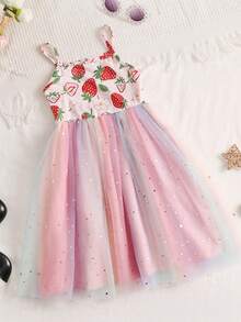 2pcs/Set Girls' Summer Spaghetti Strap Mesh Tulle Dress, Ditsy Floral, 4-7 Years Old