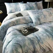 4 pièces Set de literie en coton lavé imprimé numériquement, motif jacquard, style luxueux (1 pièce housse de couette imprimée, 1 pièce drap plat de couleur unie, 2 taies d'oreiller imprimées), motif minimaliste, convient pour lit Queen/Twin/Full, doux, respirant, réversible, pour toutes les saisons, lavable en machine