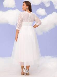 Women Plus Size Floral Lace Mesh Curve Wedding Dress Engagement Bridal Shower Cocktail Party Gowns Reception Bachelorette Event Rehearsal Extended Sizing, For Valentine's Day - White - View 5