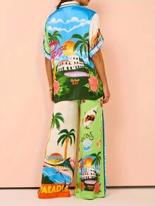 Floral Two Piece Sets For Women Casual Floral Fruit Print Short Sleeve Shirt Wide Leg Pants Hawaii Beach Outfits - Yellow - View 4