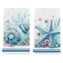2/4 件套沿海航海厨房毛巾 - 超柔软超细纤维洗碗布，吸水珊瑚和海星海滨茶巾，适用于农舍厨房浴室装饰，卡通编织毛巾，40x60cm - 夏季礼物