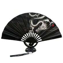 1pc Retro Style Black Fabric Double-Sided Folding Fan With Chinese Dragon Ink Painting Design Summer Cooling,Beach,Travel