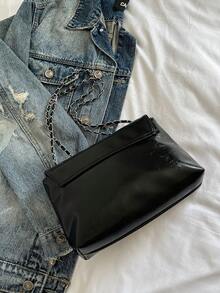 1pc PU Solid Color Square Quilted Closure Shoulder Bag, Large Capacity, Casual Commute Work School Student Crossbody Bag, Fashion Chain Bowknot Underarm Vintage Style, Elegant For Women, Daily Use Gift - Black - View 10
