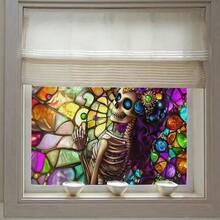 1 Rolle leicht zuschneidbare einseitig bunte Skelett Fensterfolie mit Frosteffekt, statische Haftung ohne Klebstoff, Buntglas Fensterfolie Kunst Dekoration, Fensteraufkleber, Fenstersticker