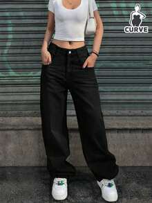 Women's Vintage Minimal Elastic Waist Loose Straight-Leg Jeans