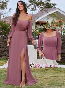 EVERPRETTY Elegant Spring Sweetheart Neck Off Shoulder Split Thigh Chiffon Dusty Pink Bridesmaid Dresses Formal Dress