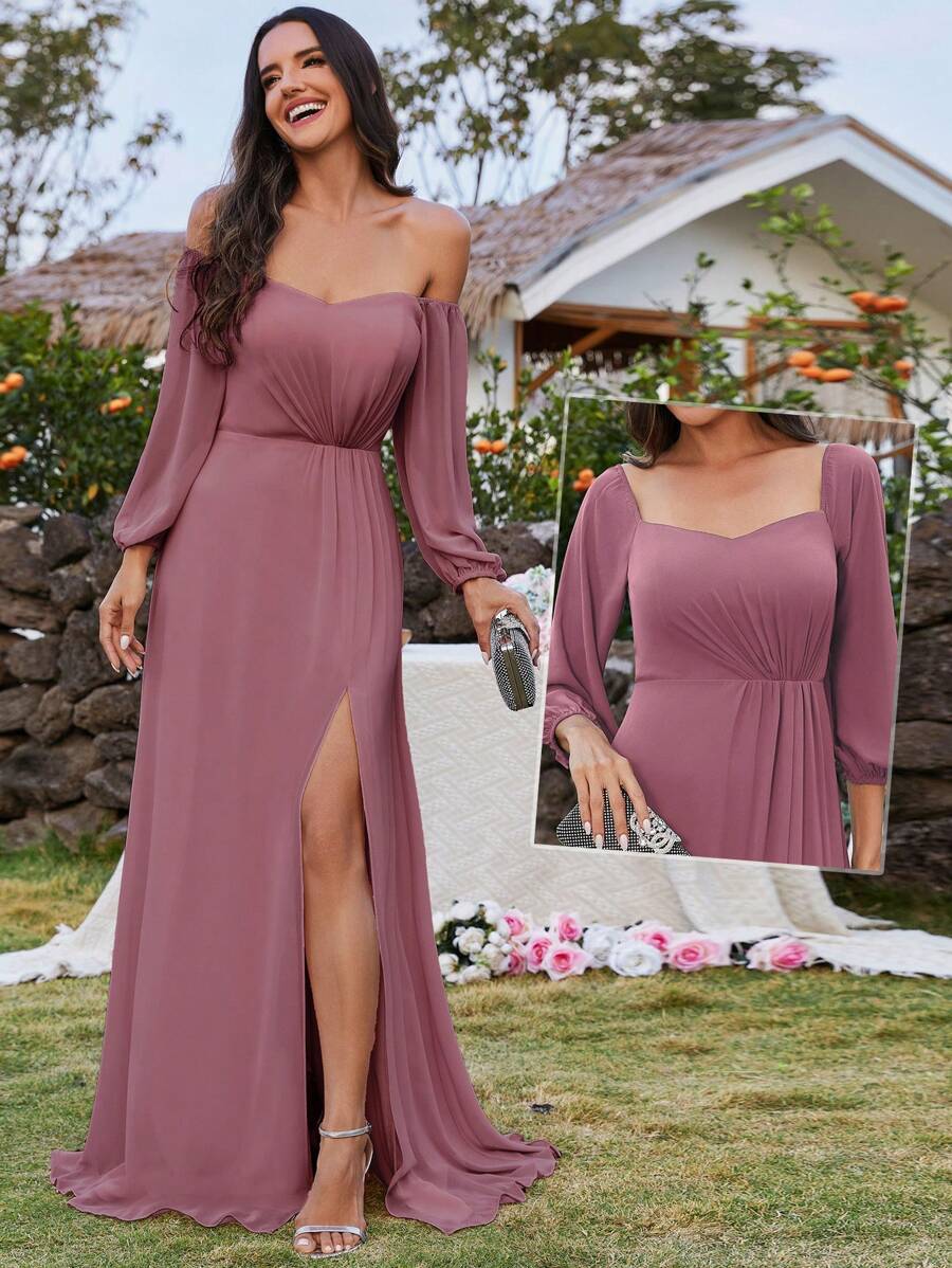 EVERPRETTY Elegant Spring Sweetheart Neck Off Shoulder Split Thigh Chiffon Dusty Pink Bridesmaid Dresses Formal Dress