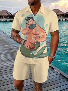 1 Set Printed Mermaid Muscle Man Short Sleeve Shirt & Solid Color Shorts Casual Suit For Men, Suitable For Daily Outdoor Holiday Wear